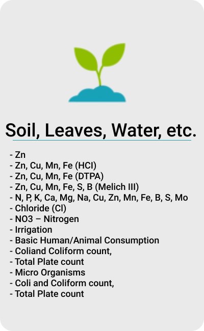soil, leaves, water etc testing
